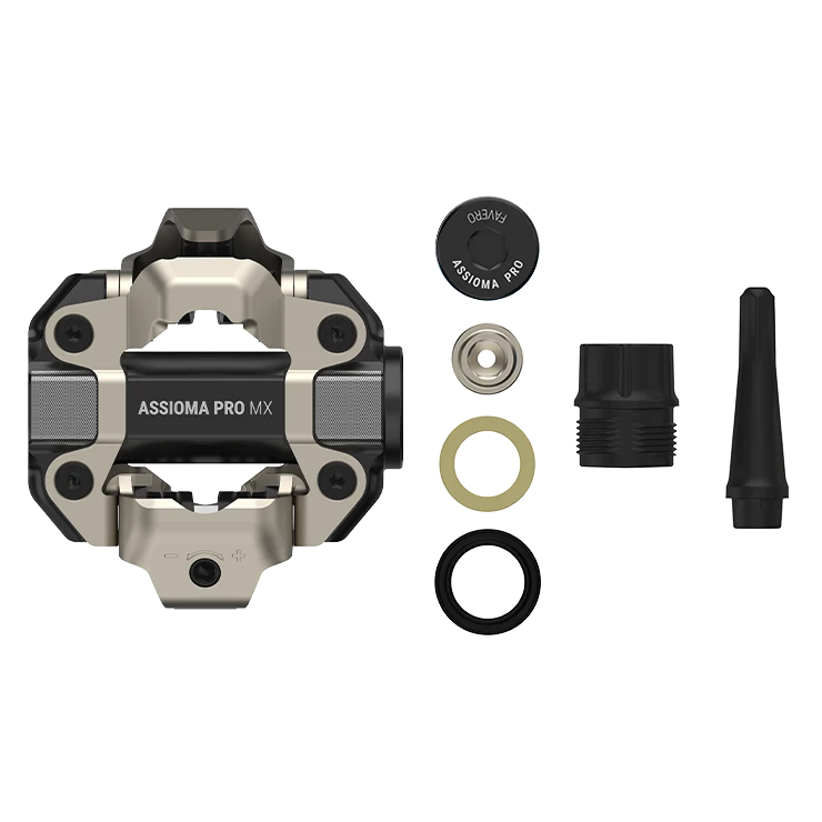 Favero Assioma PRO MX left pedal body with end cap, seals and greasing tool