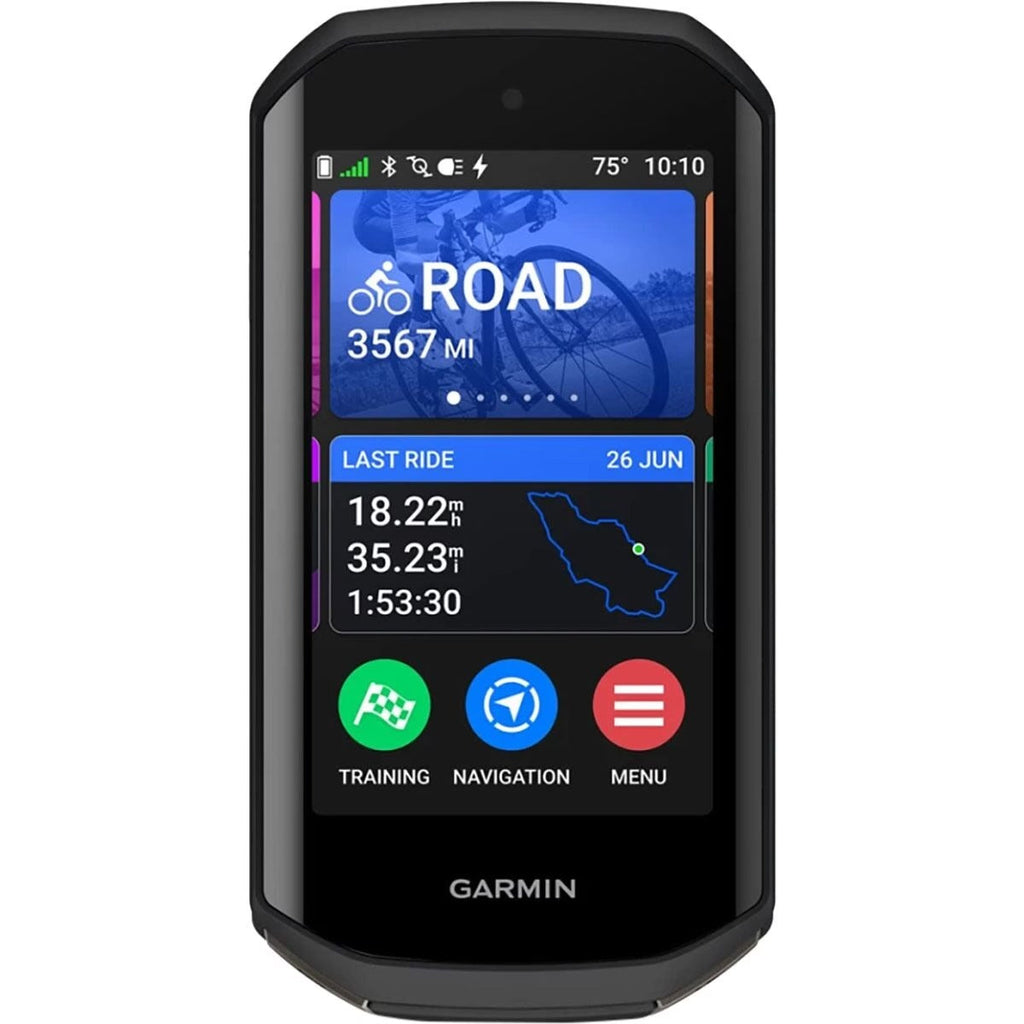 Garmin Edge 1050 in black, front view showing the Road activity screen with distance and last-ride summary