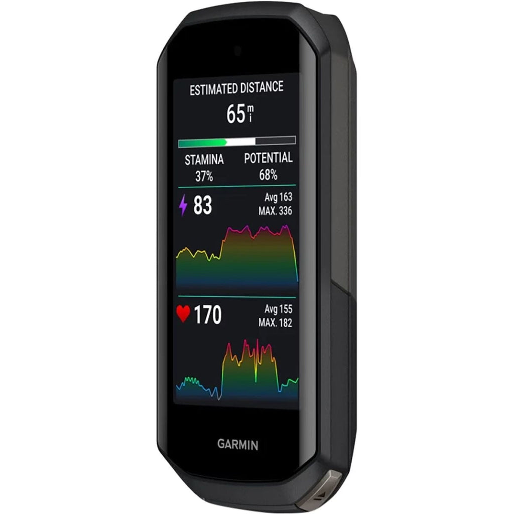 Garmin Edge 1050 showing the estimated distance and stamina screen with heart rate and power graphs