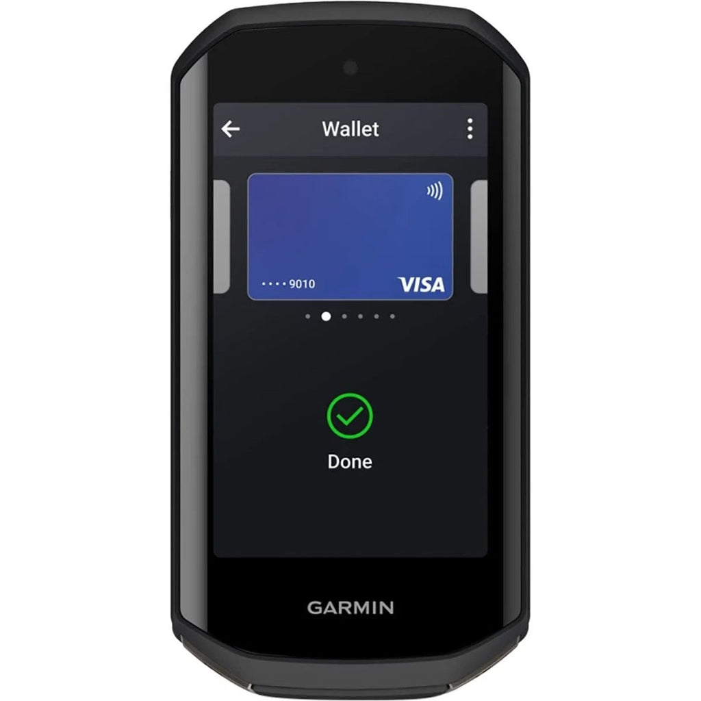 Garmin Edge 1050 showing Garmin Pay wallet with a completed contactless card payment