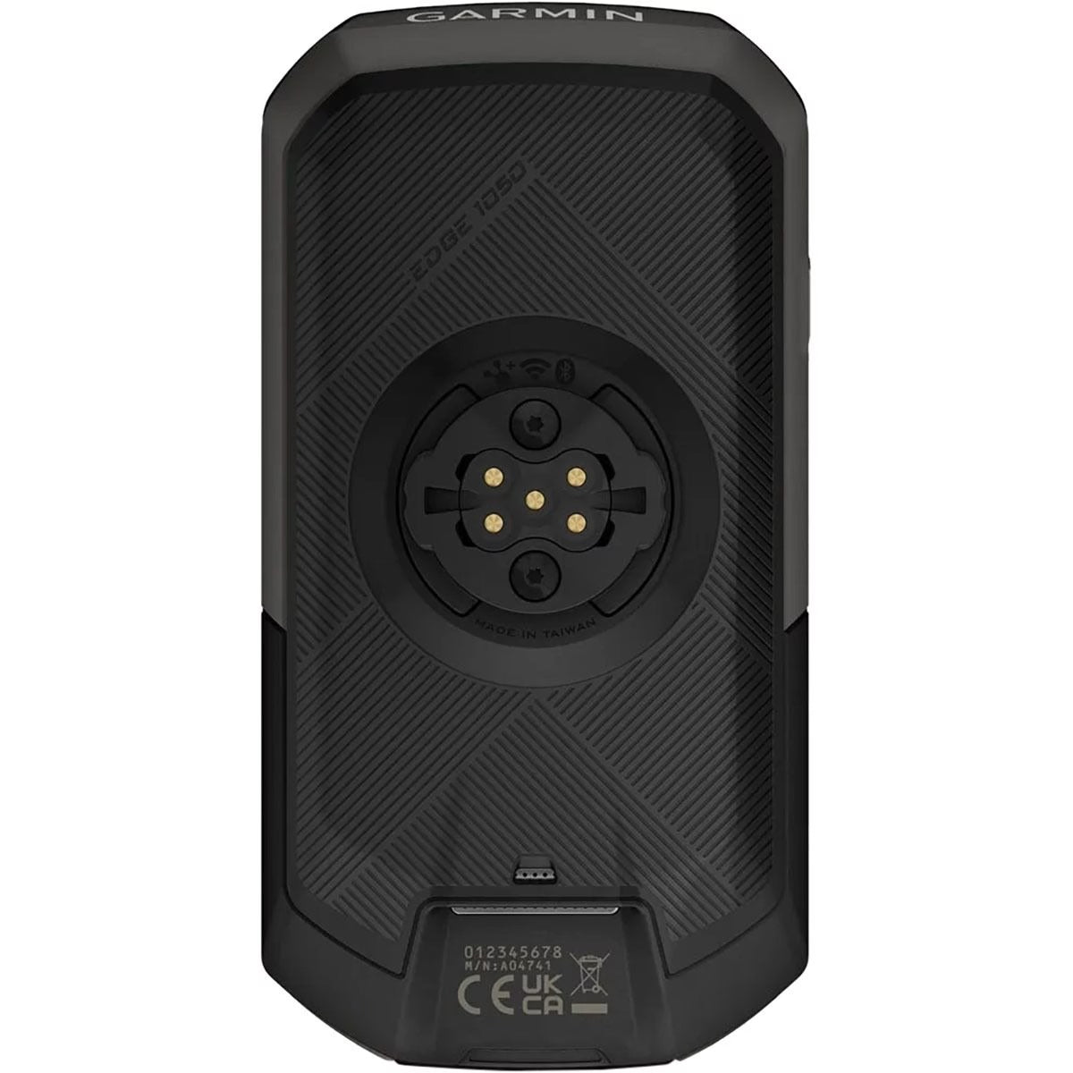 Garmin Edge 1050 rear view showing the quarter-turn mount and charging port