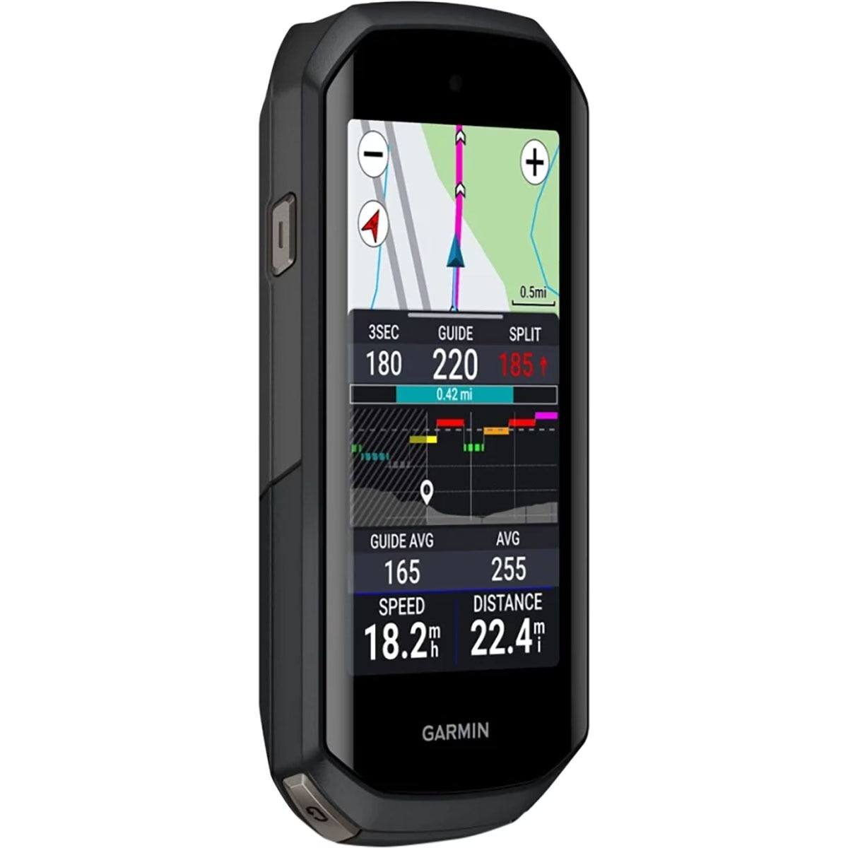 Garmin Edge 1050 at an angle showing turn-by-turn map navigation with speed and distance data fields