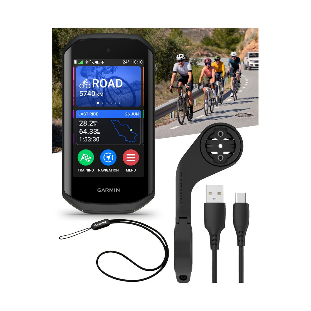 Garmin Edge 1050 cycling computer with out-front mount, lanyard and USB-C cable