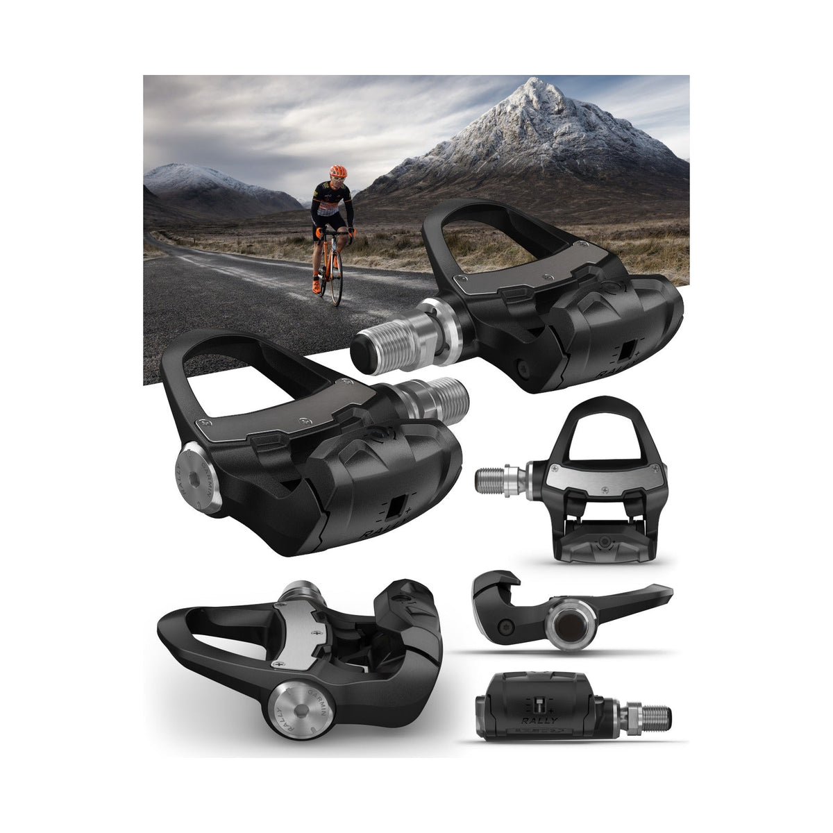 Garmin Rally RK200 dual-sensing power meter pedals shown from several angles