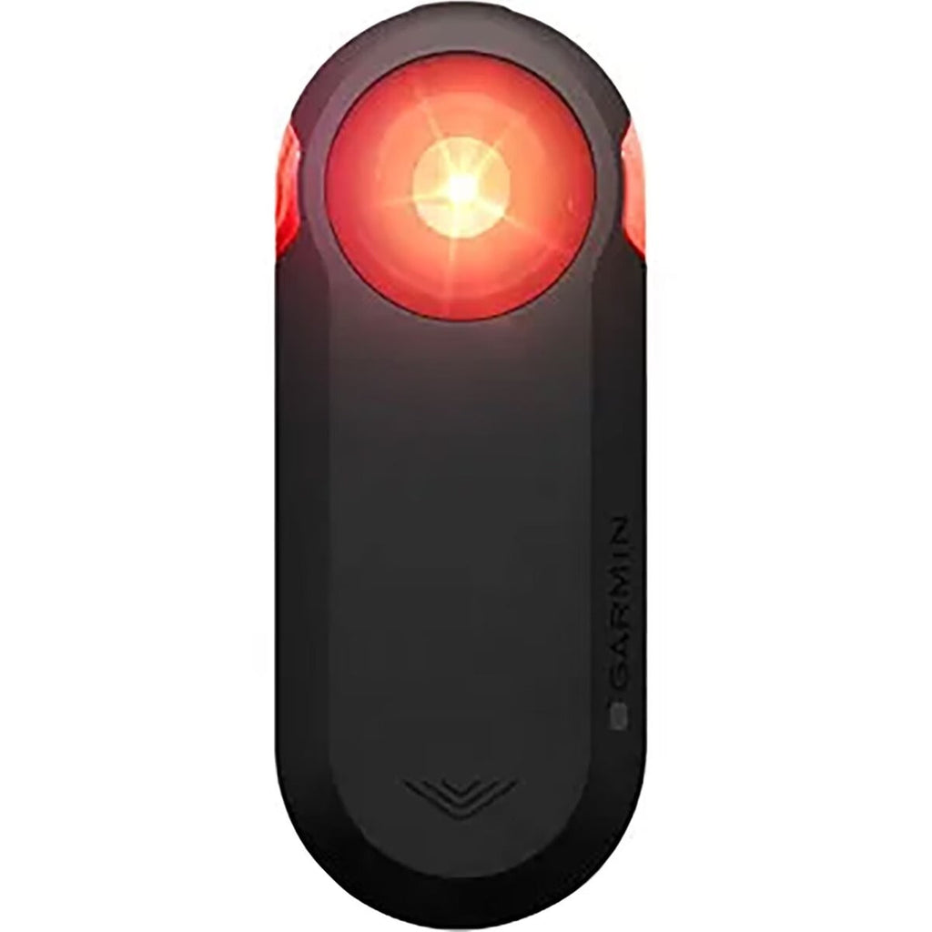 Garmin Varia RTL515 seen from directly behind with the tail light lit, as an approaching driver sees it